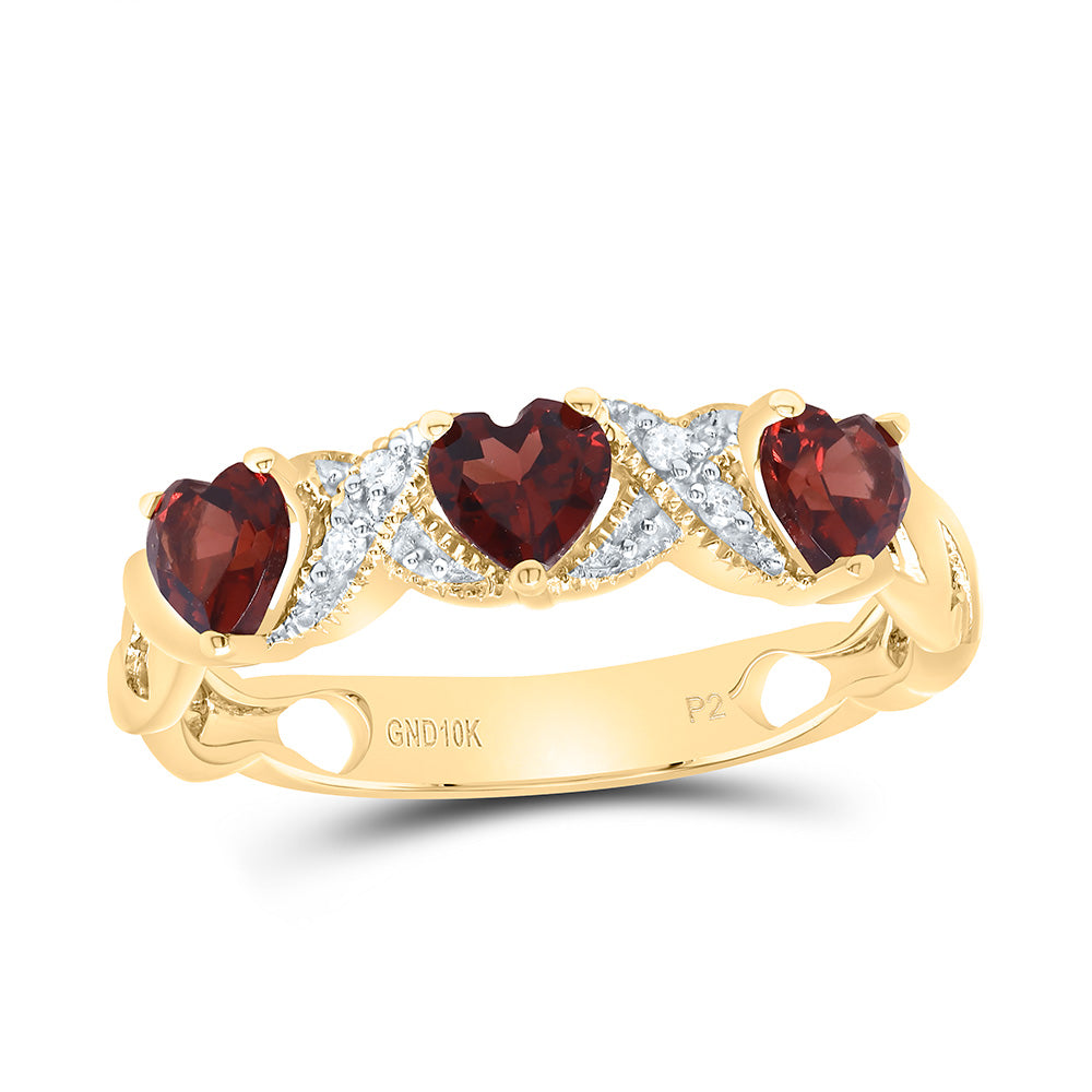 10kt Yellow Gold Womens Heart Garnet Diamond 3-stone Ring 7/8 Cttw