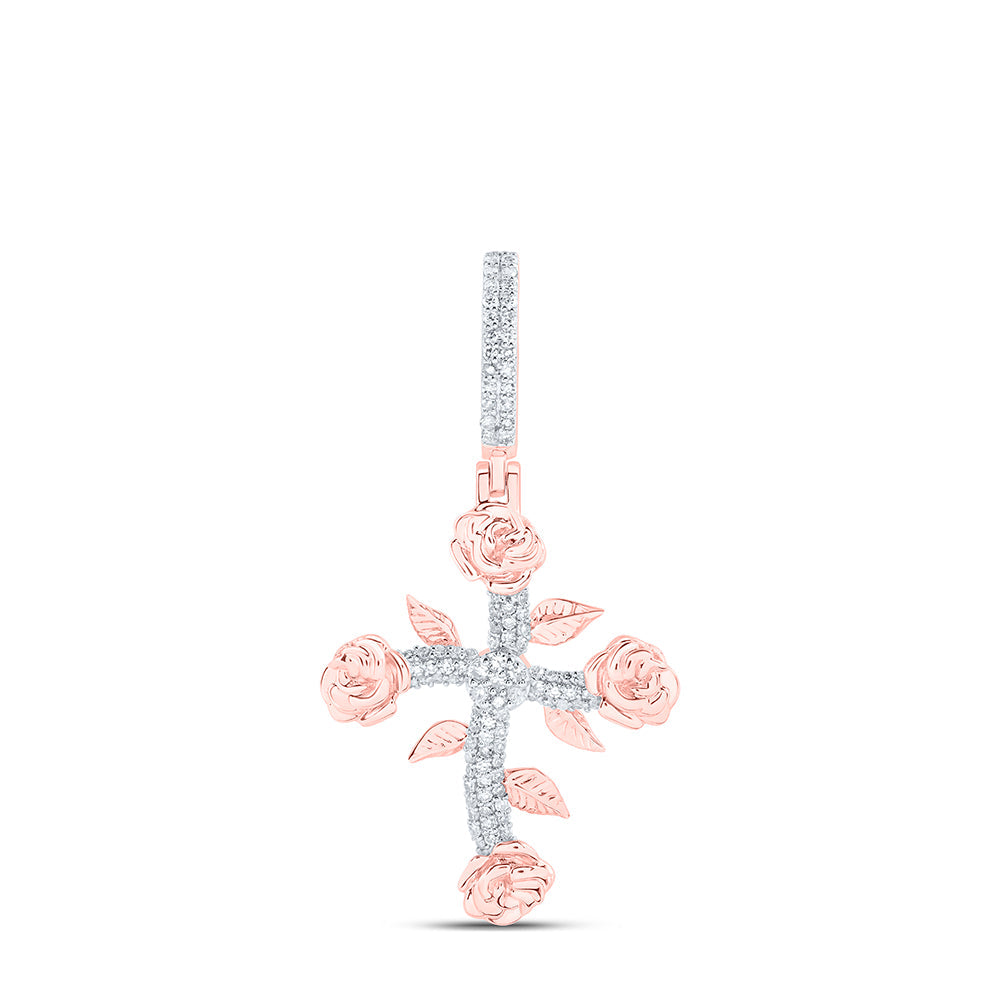 10kt Rose Gold Mens Round Diamond Cross Charm Pendant 1/3 Cttw