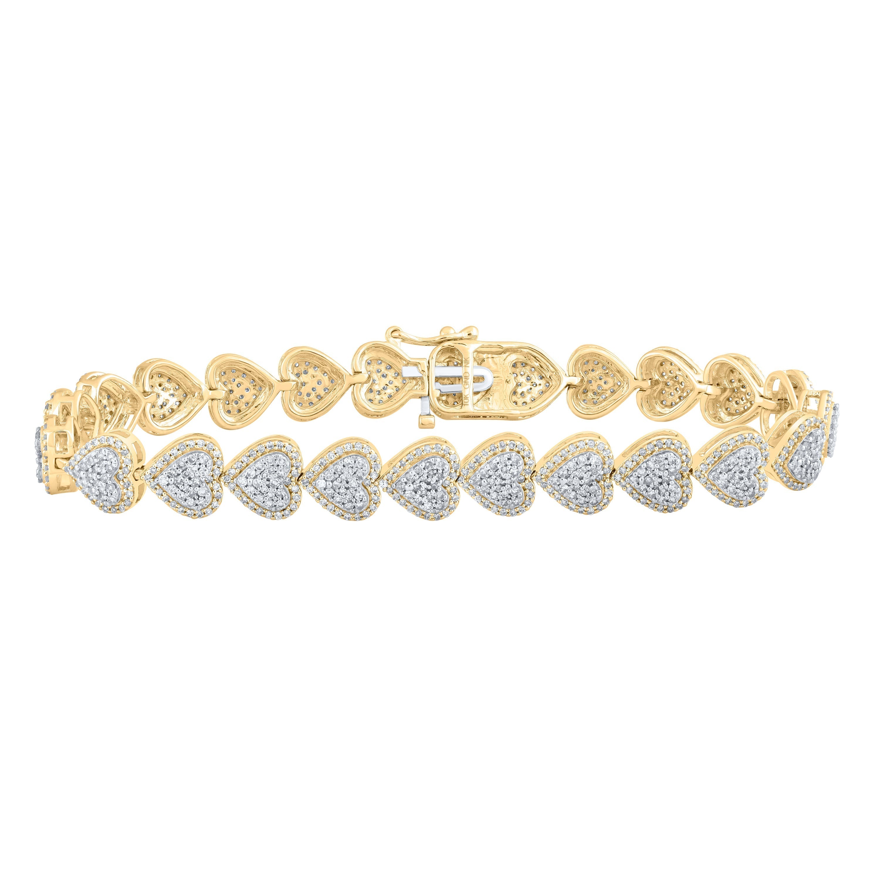 10kt Yellow Gold Womens Round Diamond Heart Bracelet 2-5/8 Cttw