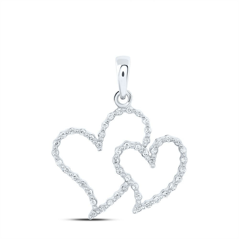 10kt White Gold Womens Round Diamond Double Heart Pendant 1/6 Cttw