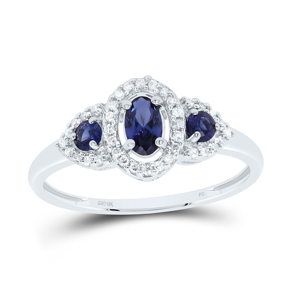 10kt White Gold Womens Oval Synthetic Blue Sapphire 3-stone Ring 5/8 Cttw