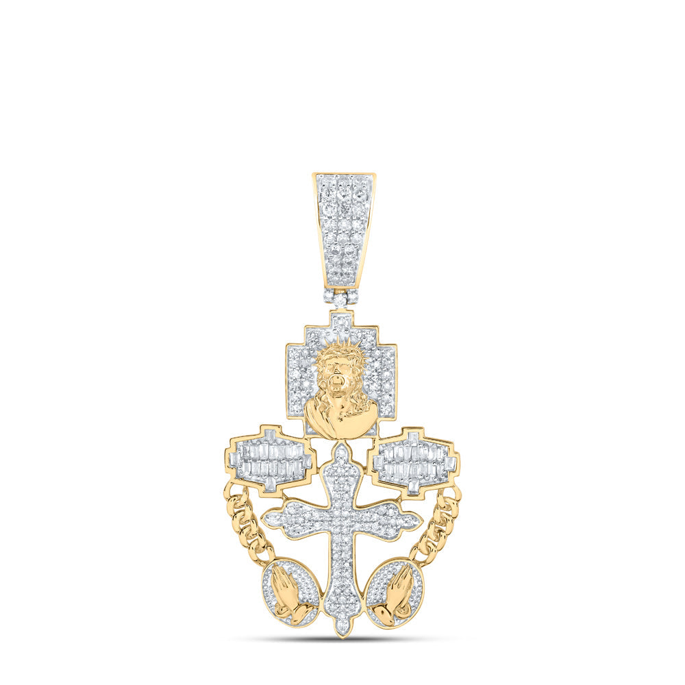 10kt Yellow Gold Mens Round Diamond Rosary Jesus Cross Charm Pendant 3/4 Cttw