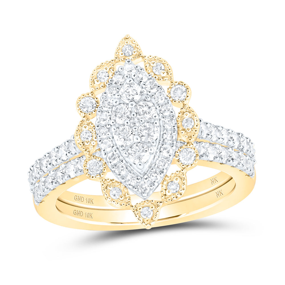 10kt Yellow Gold Round Diamond Marquise-shape Bridal Wedding Ring Band Set 1 Cttw