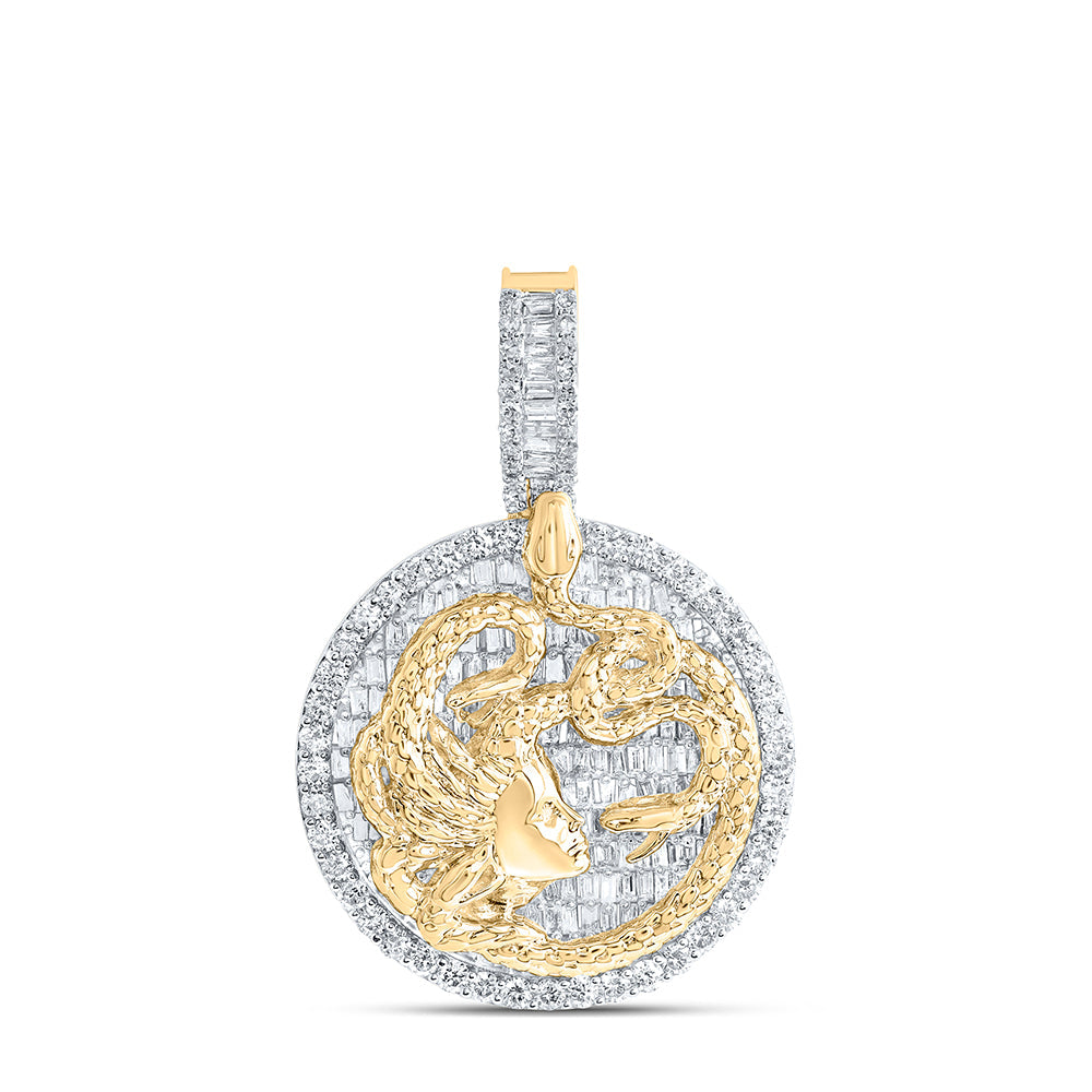 10kt Yellow Gold Mens Baguette Diamond Medusa Snake Circle Charm Pendant 2-3/4 Cttw