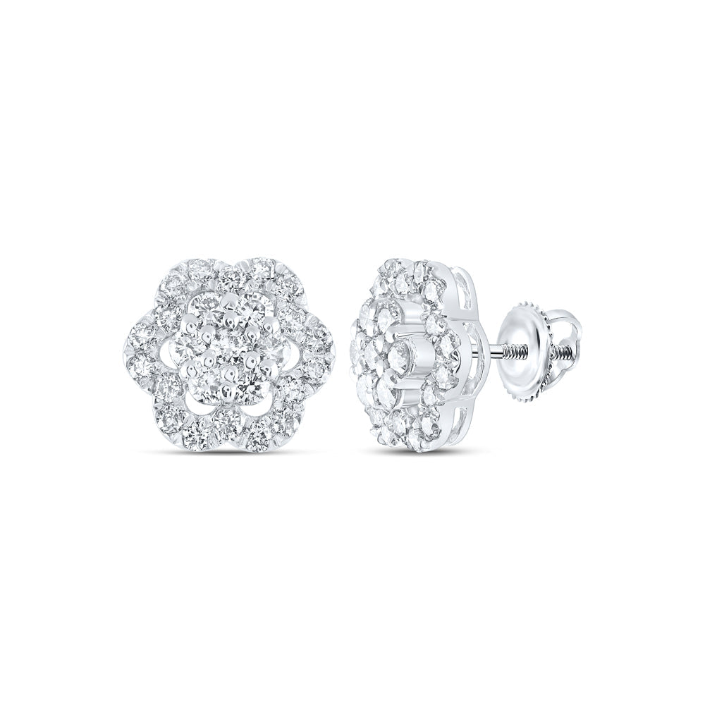 10kt White Gold Womens Round Diamond Flower Cluster Earrings 1 Cttw