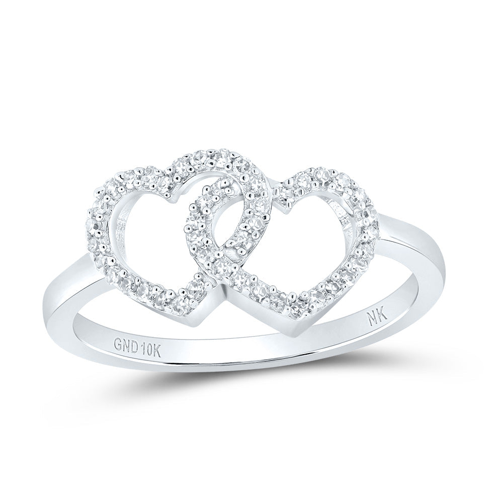 10kt White Gold Womens Round Diamond Double Heart Ring 1/5 Cttw