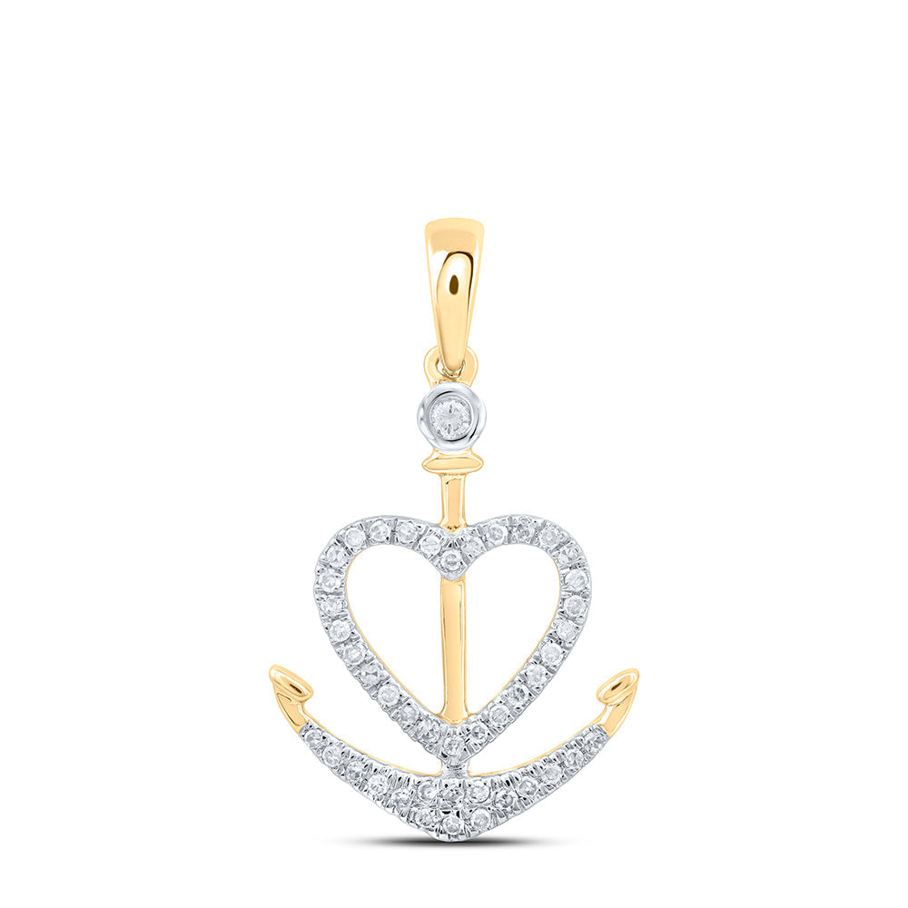 14kt Yellow Gold Womens Round Diamond Anchor Heart Pendant 1/8 Cttw