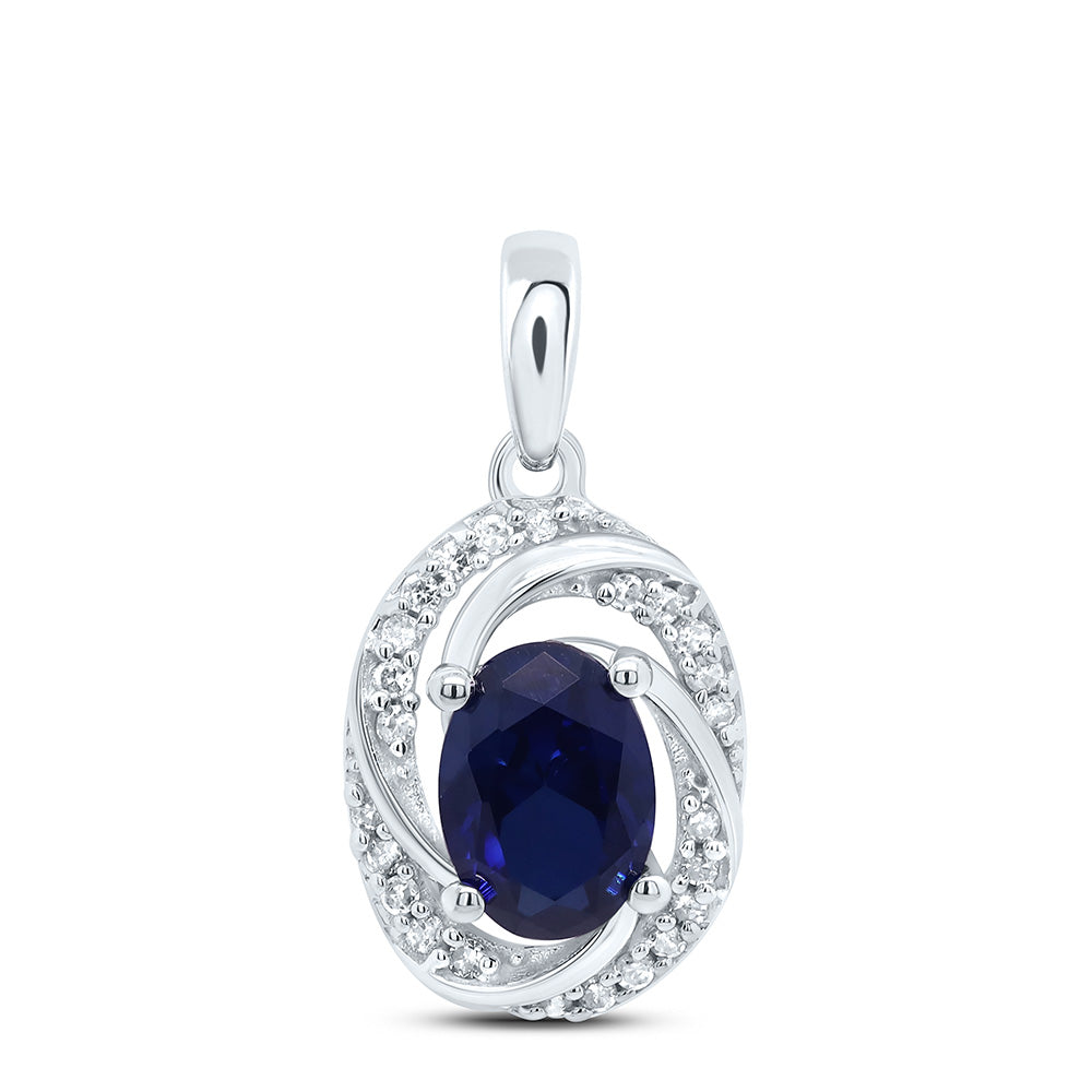 10kt White Gold Womens Oval Synthetic Blue Sapphire Solitaire Diamond Pendant 1-1/3 Cttw