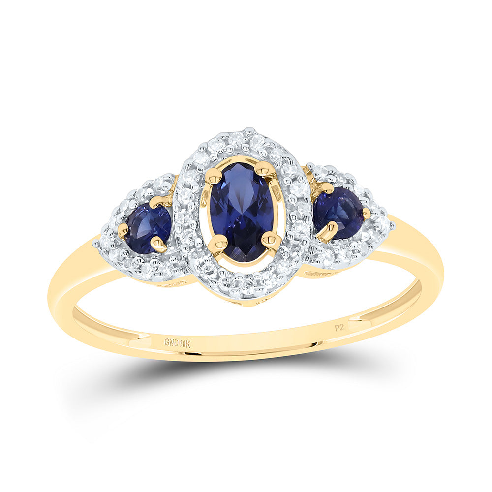 10kt Yellow Gold Womens Oval Synthetic Blue Sapphire 3-stone Ring 5/8 Cttw