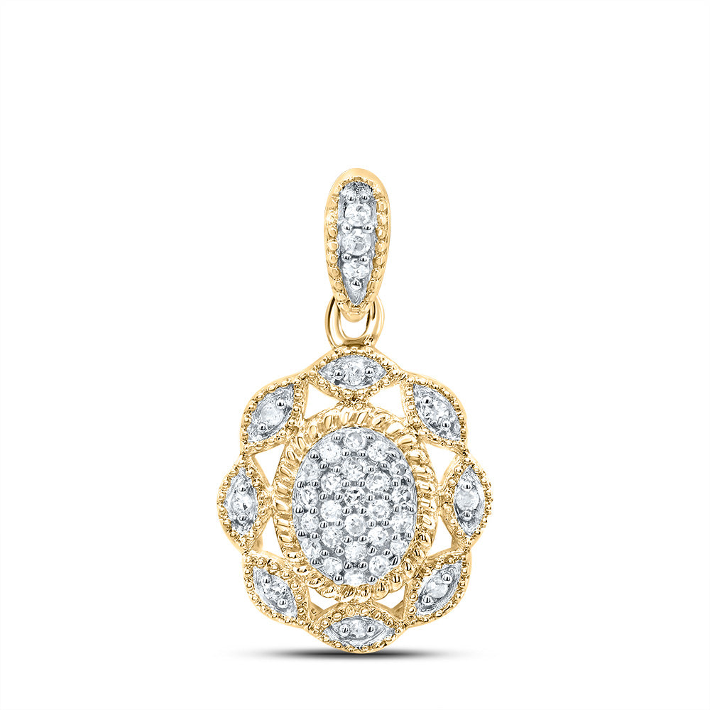 10kt Yellow Gold Womens Round Diamond Oval Cluster Pendant 1/10 Cttw