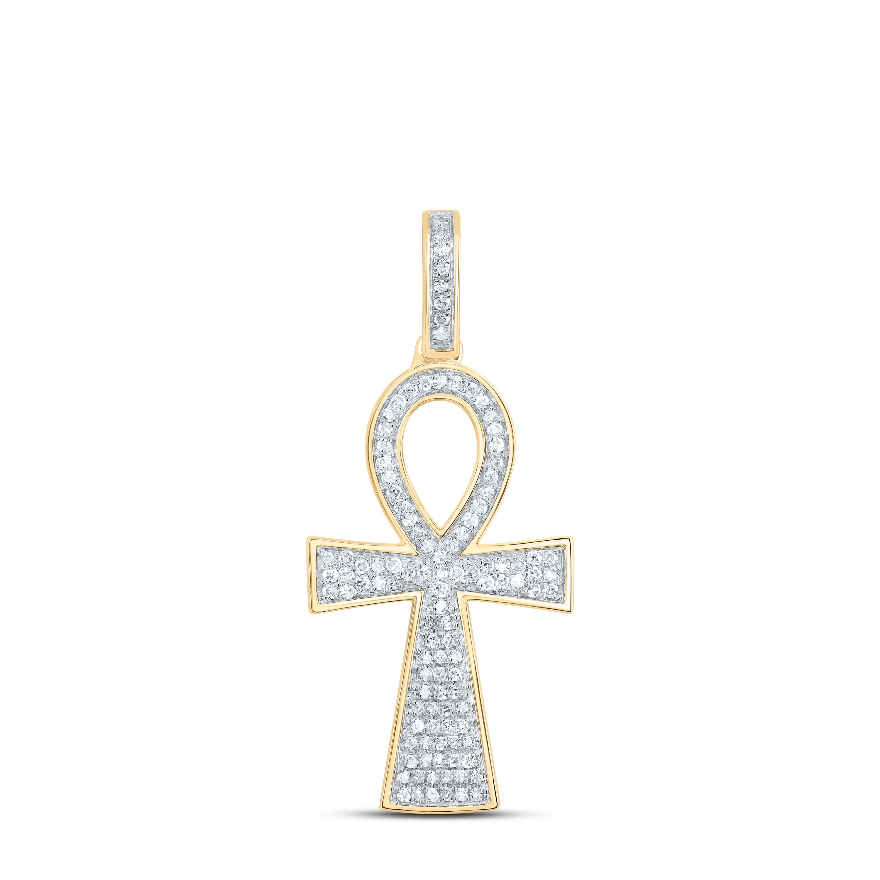 14kt Yellow Gold Mens Round Diamond Ankh Cross Charm Pendant 1/3 Cttw