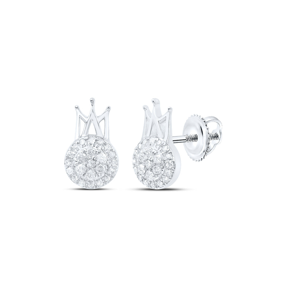 10kt White Gold Womens Round Diamond Crown Earrings 1/5 Cttw