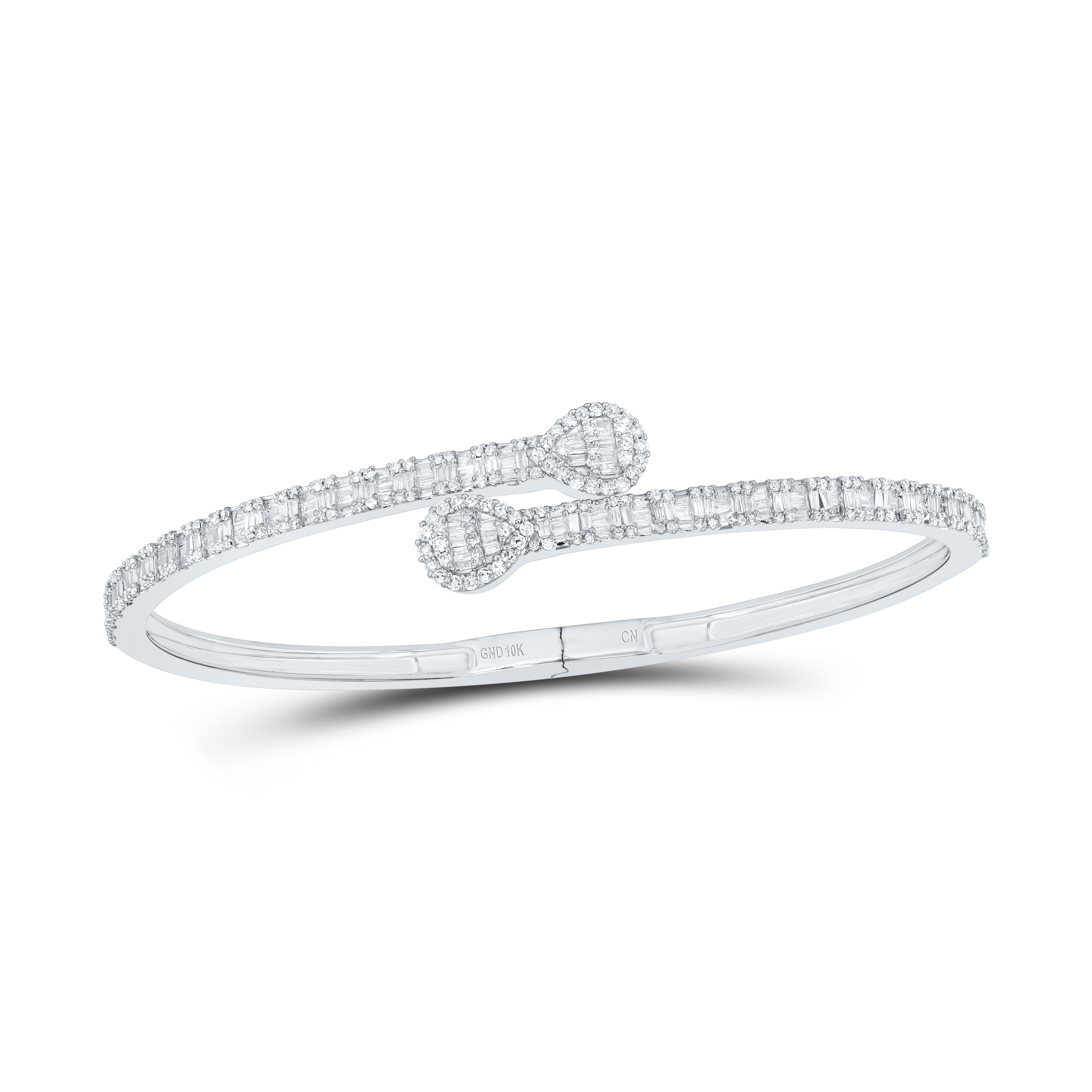 10kt White Gold Womens Baguette Diamond Pear Cuff Bangle Bracelet 1-5/8 Cttw