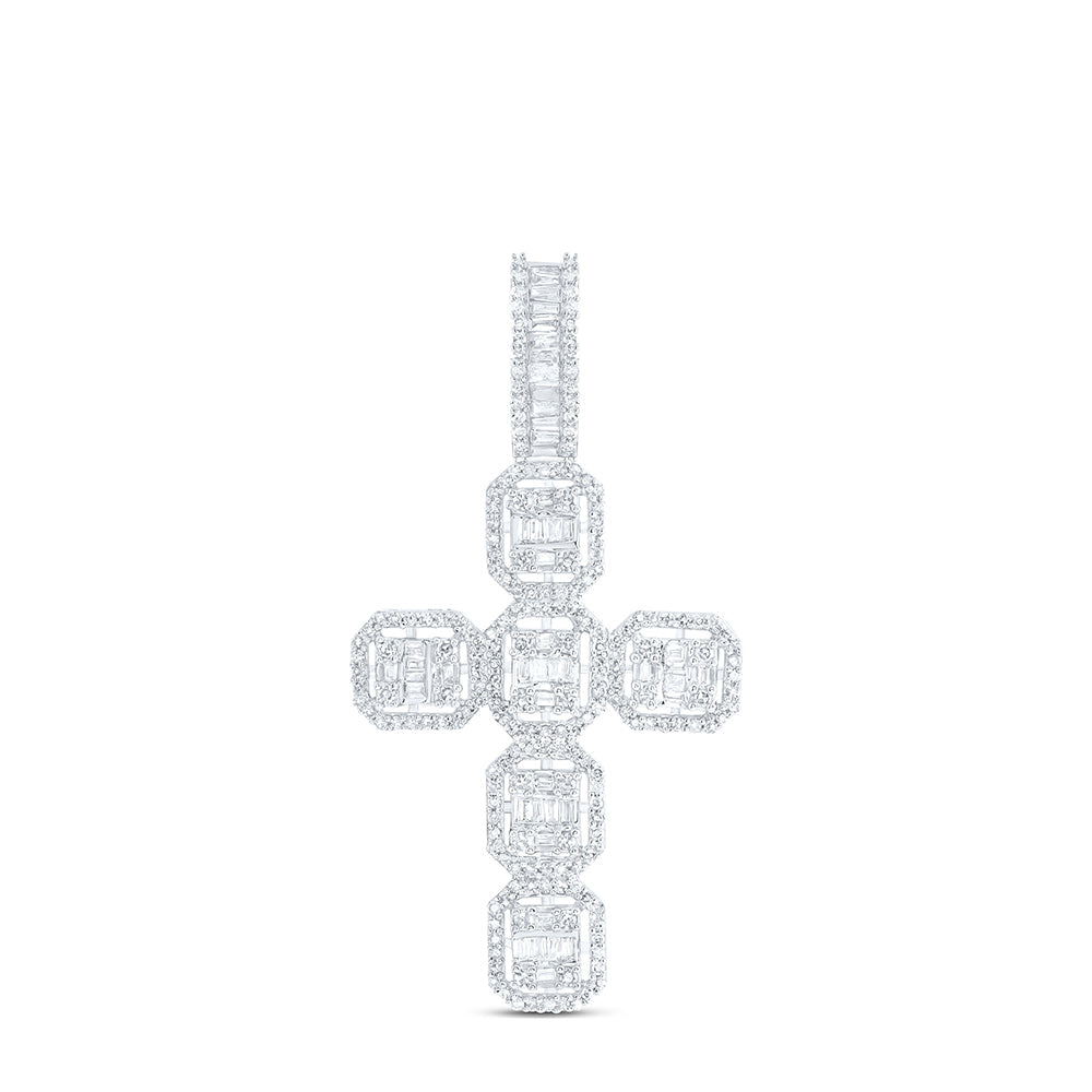 10kt White Gold Mens Baguette Diamond Cross Charm Pendant 1 Cttw