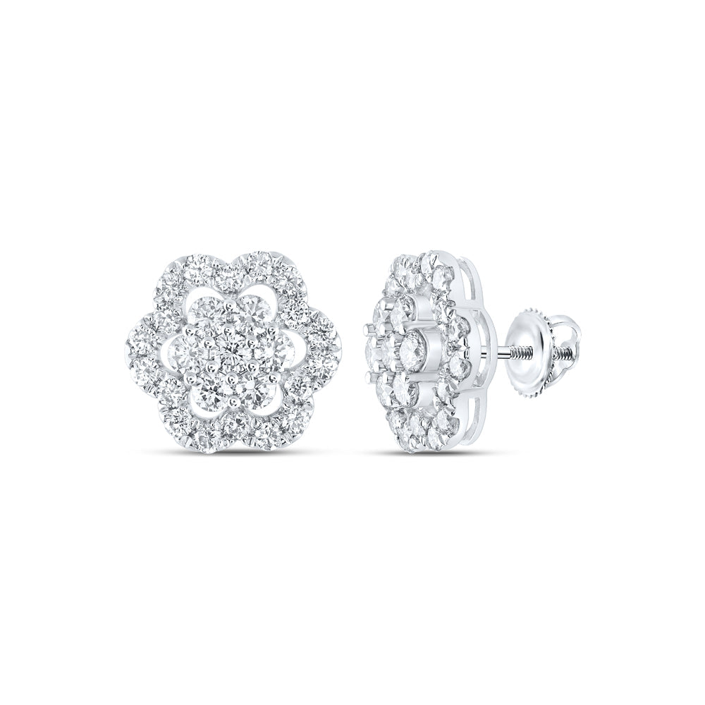 14kt White Gold Womens Round Diamond Flower Cluster Earrings 2 Cttw