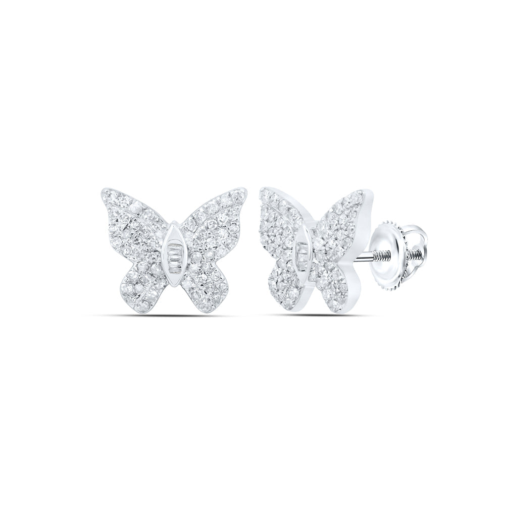 10kt White Gold Womens Round Diamond Butterfly Earrings 3/8 Cttw