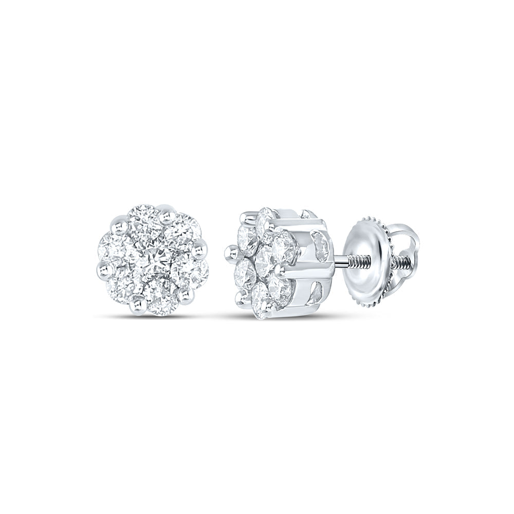 14kt White Gold Womens Round Diamond Flower Cluster Earrings 1 Cttw