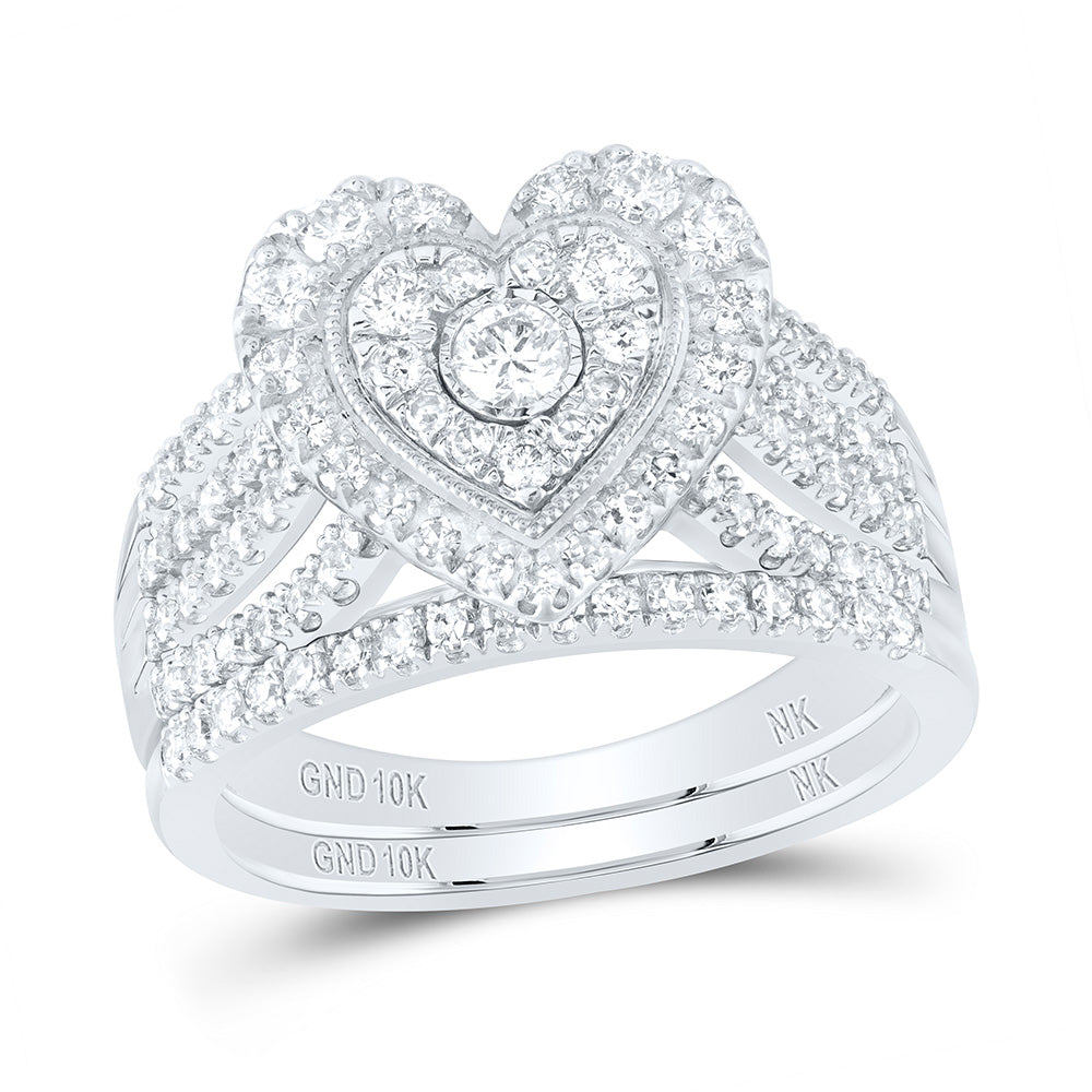 10kt White Gold Round Diamond Heart Bridal Wedding Ring Band Set 1 Cttw