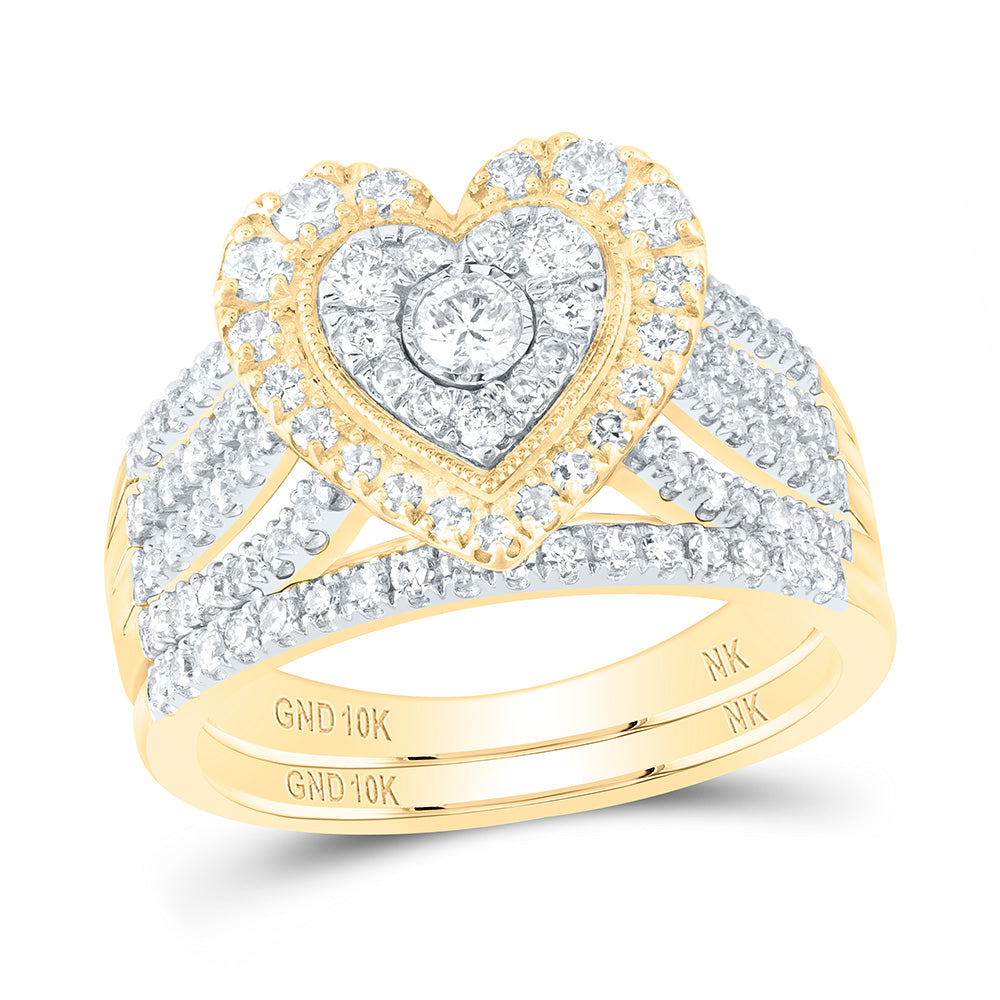 10kt Yellow Gold Round Diamond Heart Bridal Wedding Ring Band Set 1 Cttw