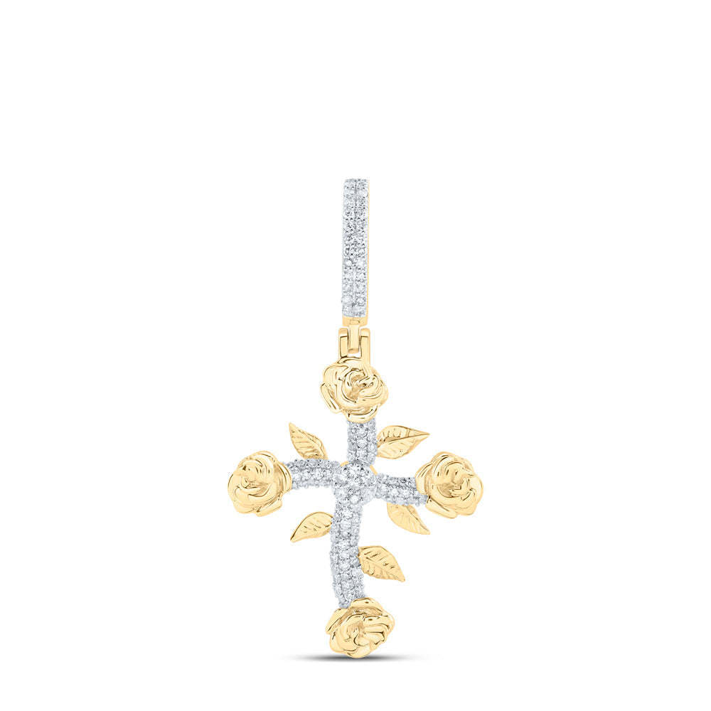 10kt Yellow Gold Mens Round Diamond Rose Cross Charm Pendant 1/3 Cttw