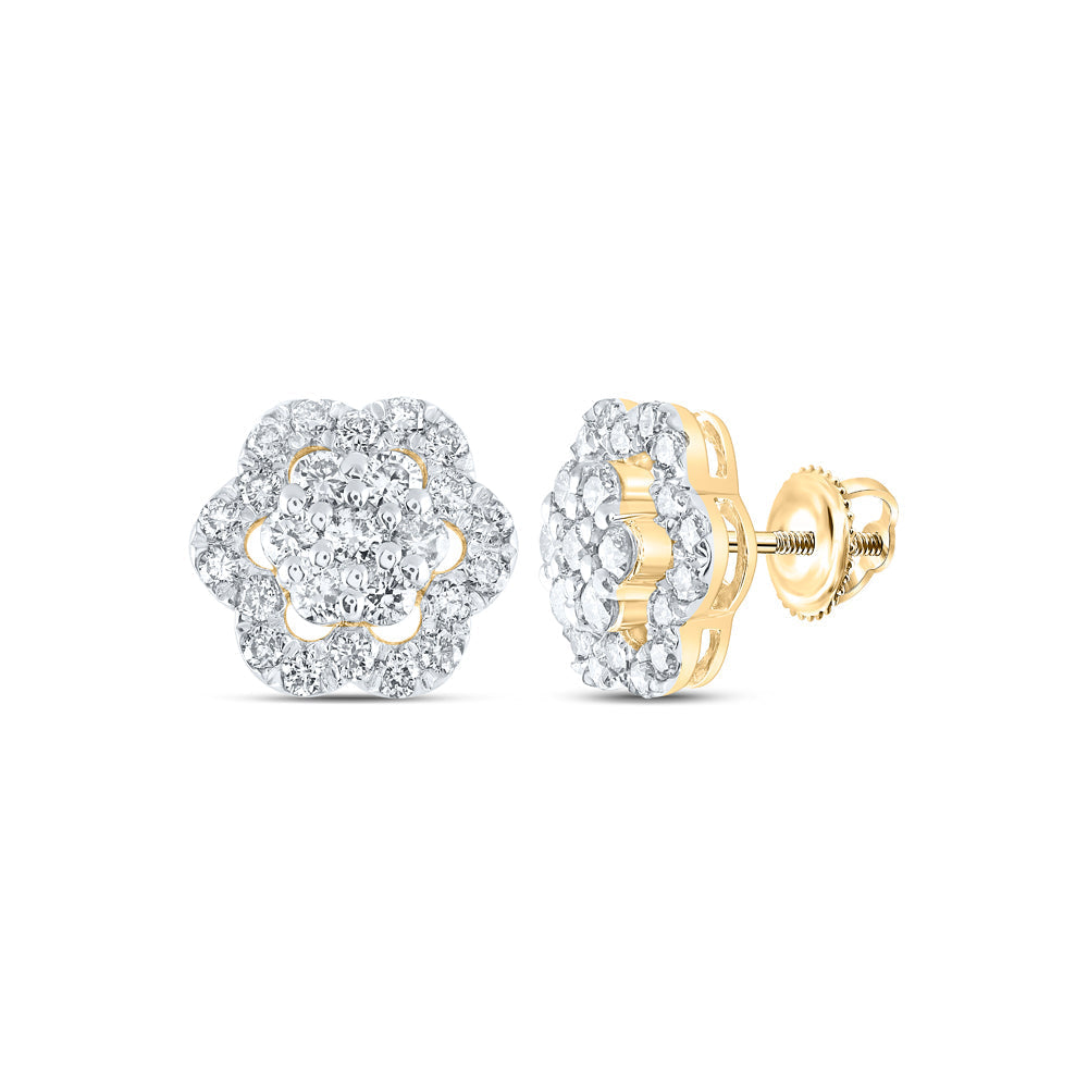 10kt Yellow Gold Womens Round Diamond Flower Cluster Earrings 1 Cttw