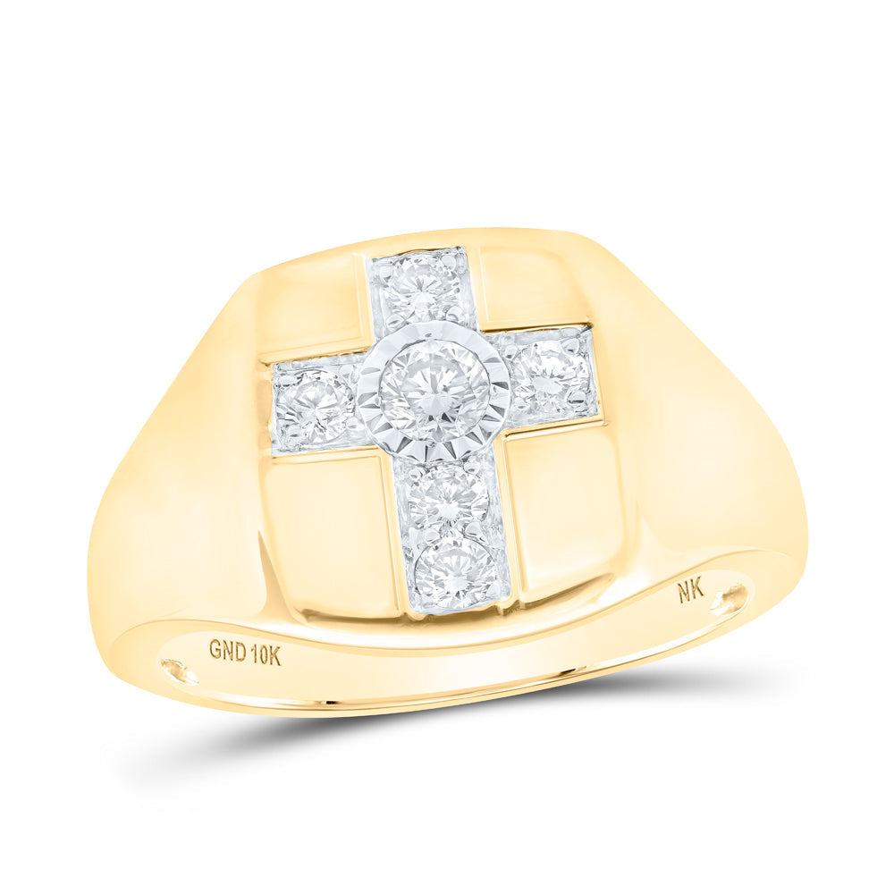 10kt Yellow Gold Mens Round Diamond Cross Ring 1/2 Cttw