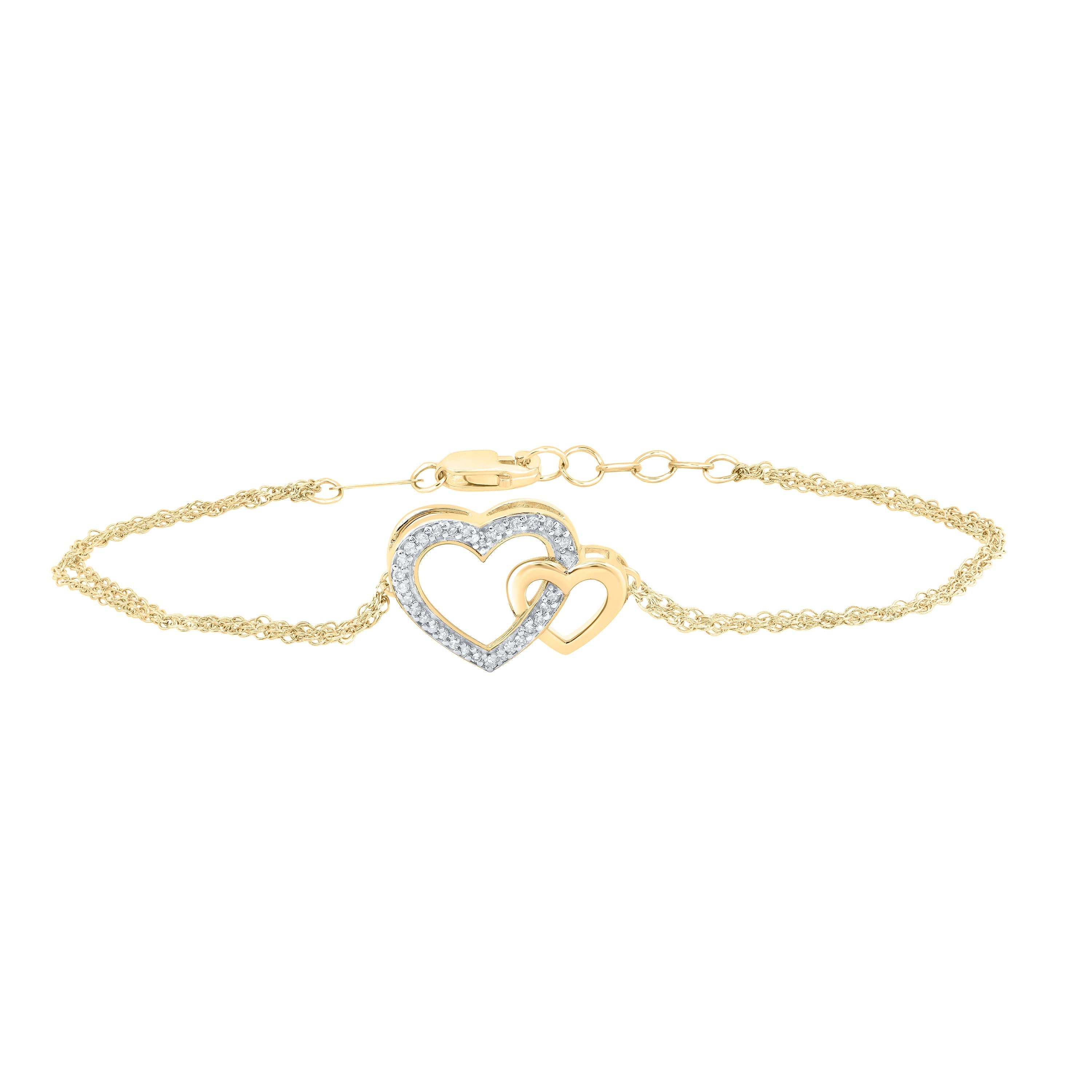 10kt Yellow Gold Womens Round Diamond Double Heart Bracelet 1/10 Cttw