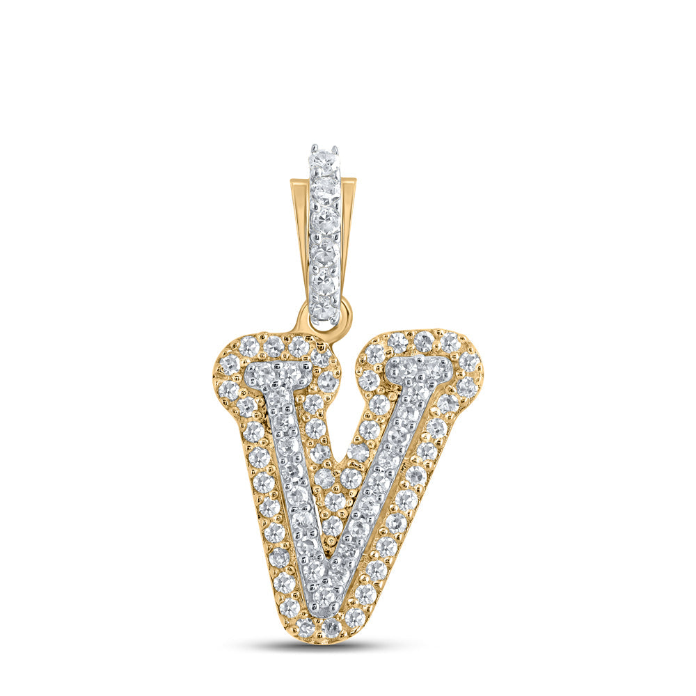 10kt Yellow Gold Womens Round Diamond V Initial Letter Pendant 1/5 Cttw