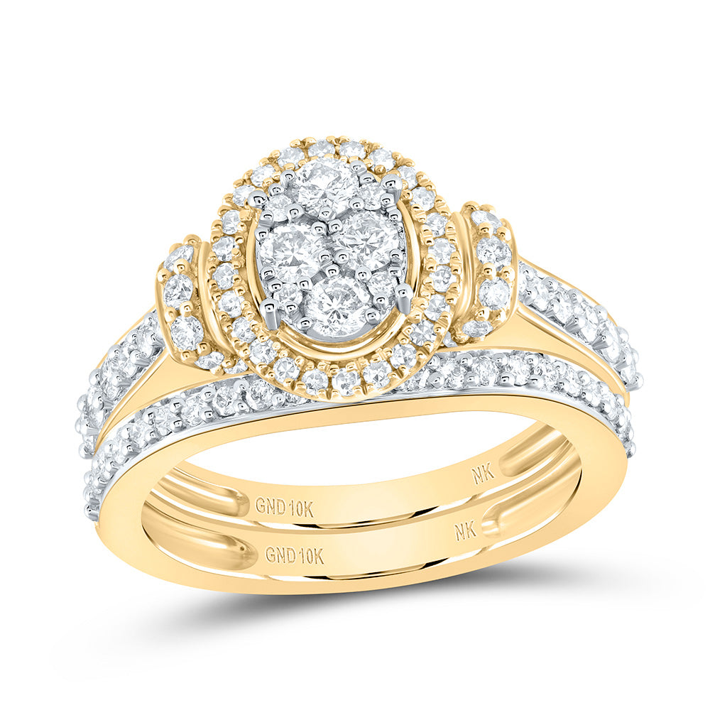 10kt Yellow Gold Round Diamond Oval Cluster Bridal Wedding Ring Band Set 1 Cttw