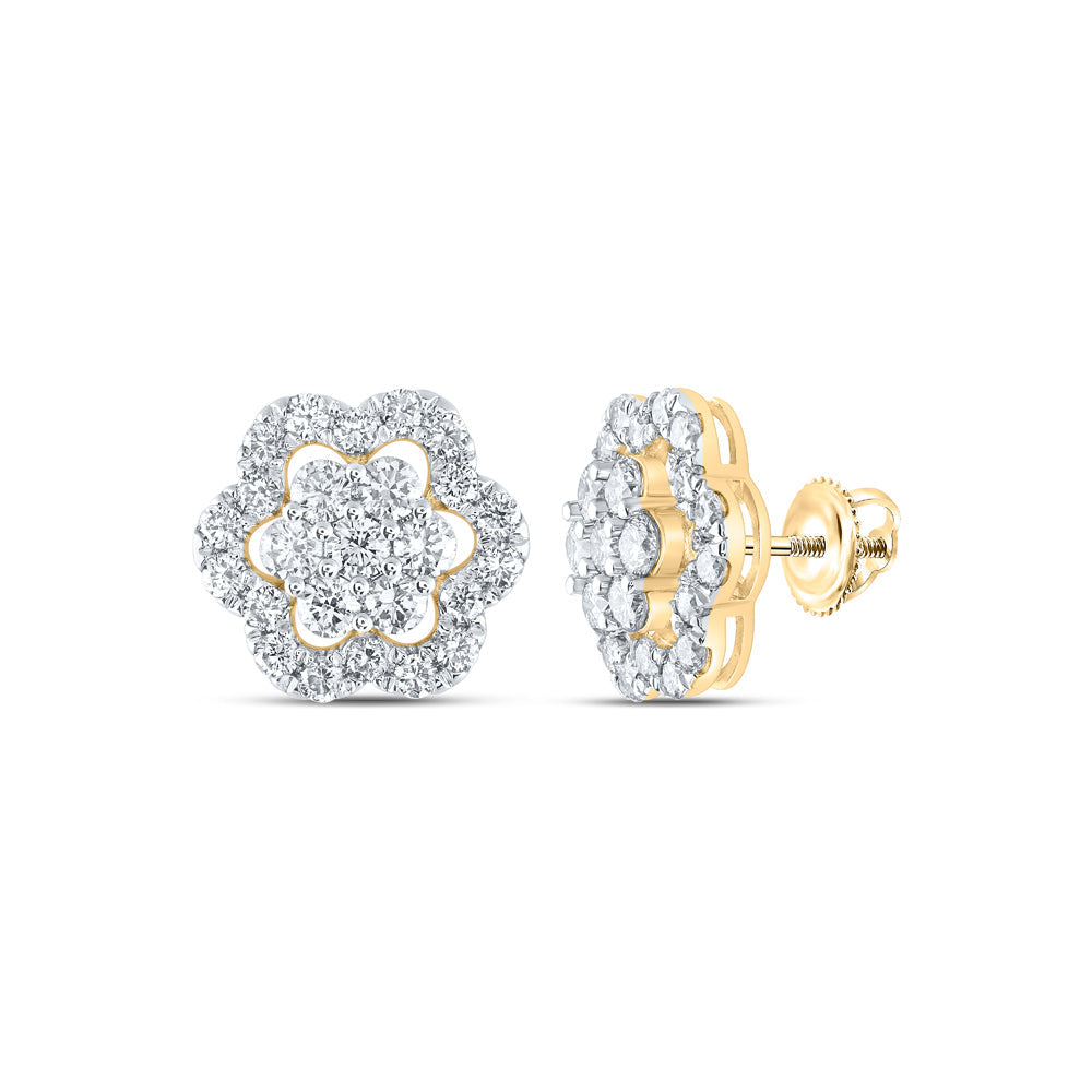 14kt Yellow Gold Womens Round Diamond Flower Cluster Earrings 2 Cttw