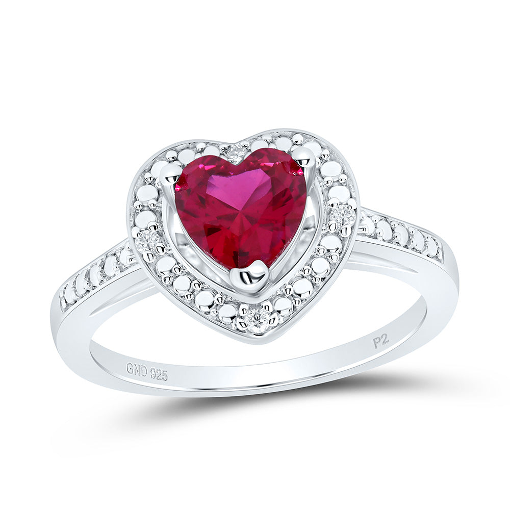 Sterling Silver Womens Round Synthetic Ruby Heart Diamond Ring 1 Cttw