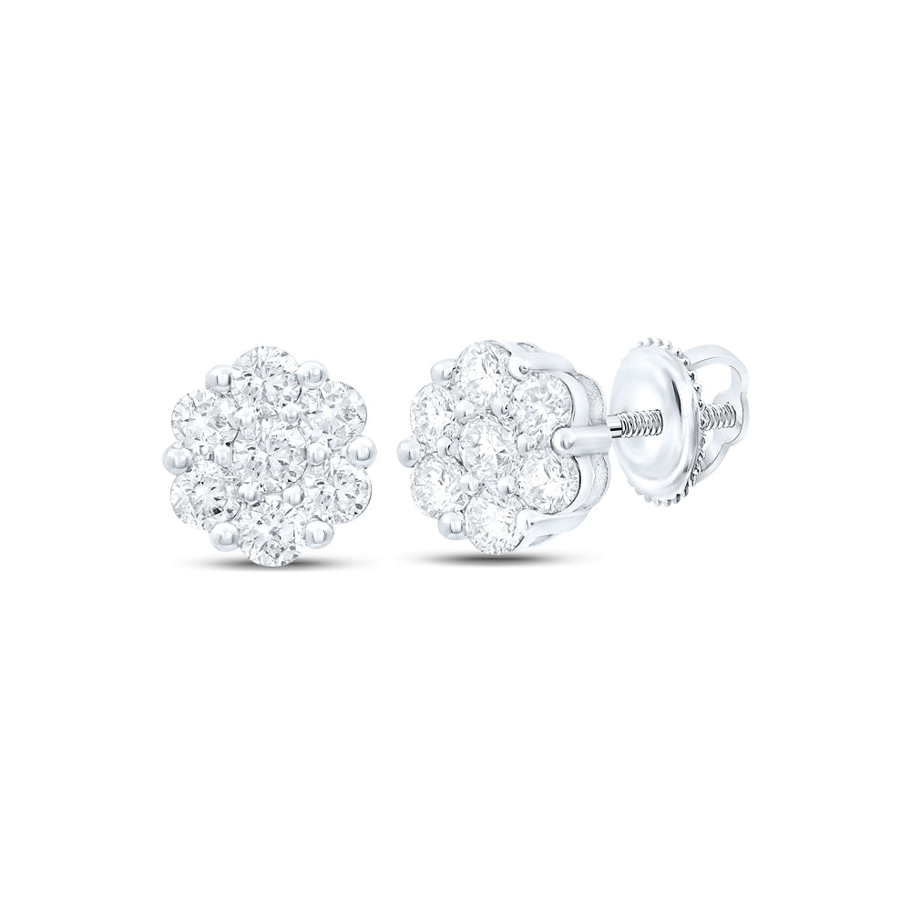 10kt White Gold Womens Round Diamond Flower Cluster Earrings 1 Cttw