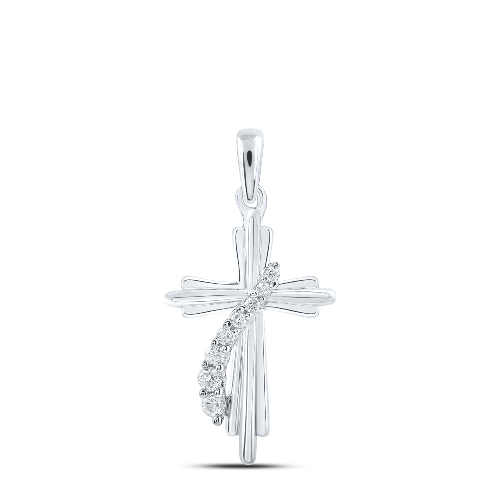 10kt White Gold Womens Round Diamond Cross Pendant 1/8 Cttw