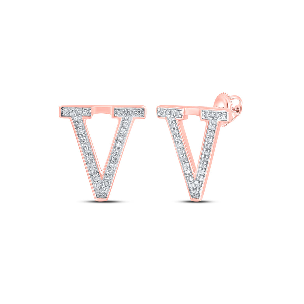 10kt Rose Gold Womens Round Diamond V Initial Letter Earrings 1/8 Cttw