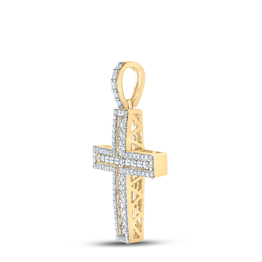 10kt Yellow Gold Mens Round Diamond Cross Charm Pendant 1 Cttw