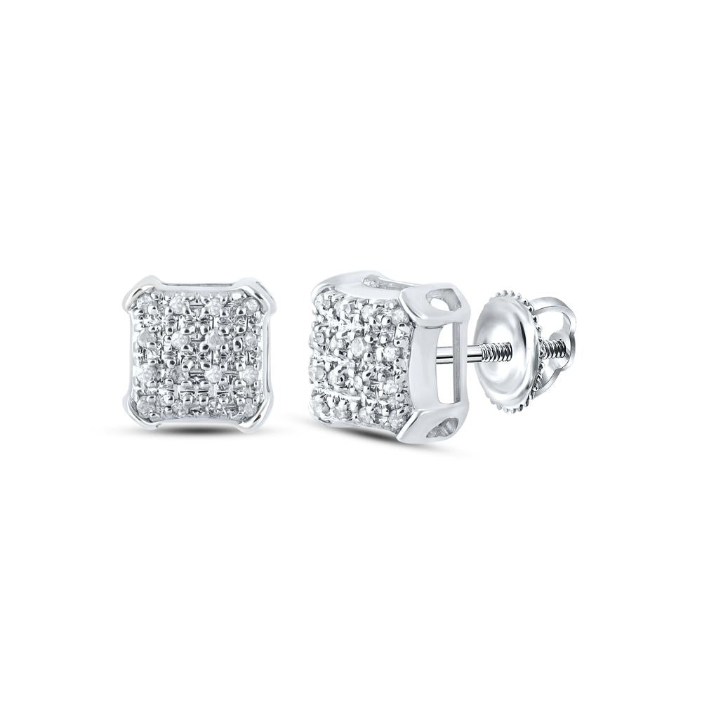 10kt White Gold Mens Round Diamond Square Earrings 1/10 Cttw