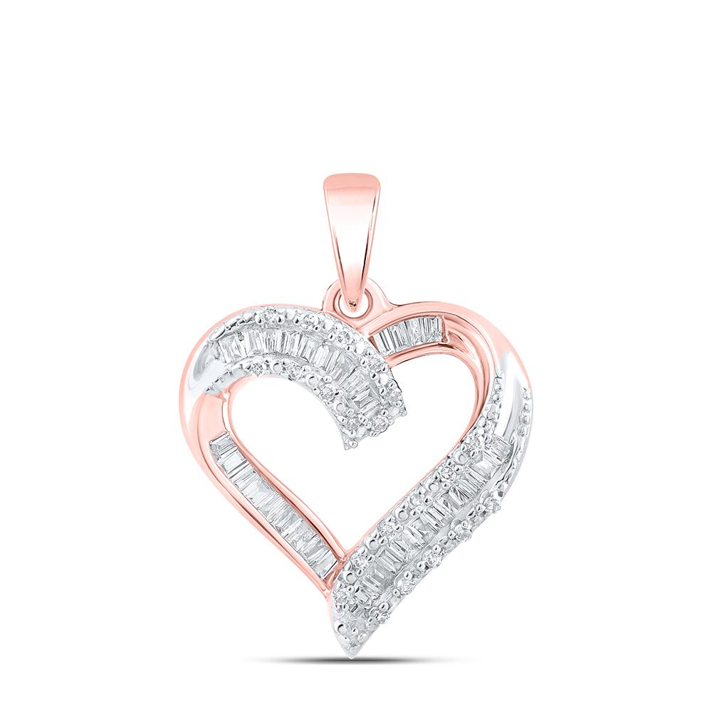 10kt Rose Gold Womens Baguette Diamond Heart Pendant 1/4 Cttw