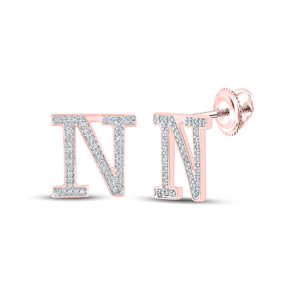 10kt Rose Gold Womens Round Diamond N Initial Letter Earrings 1/5 Cttw