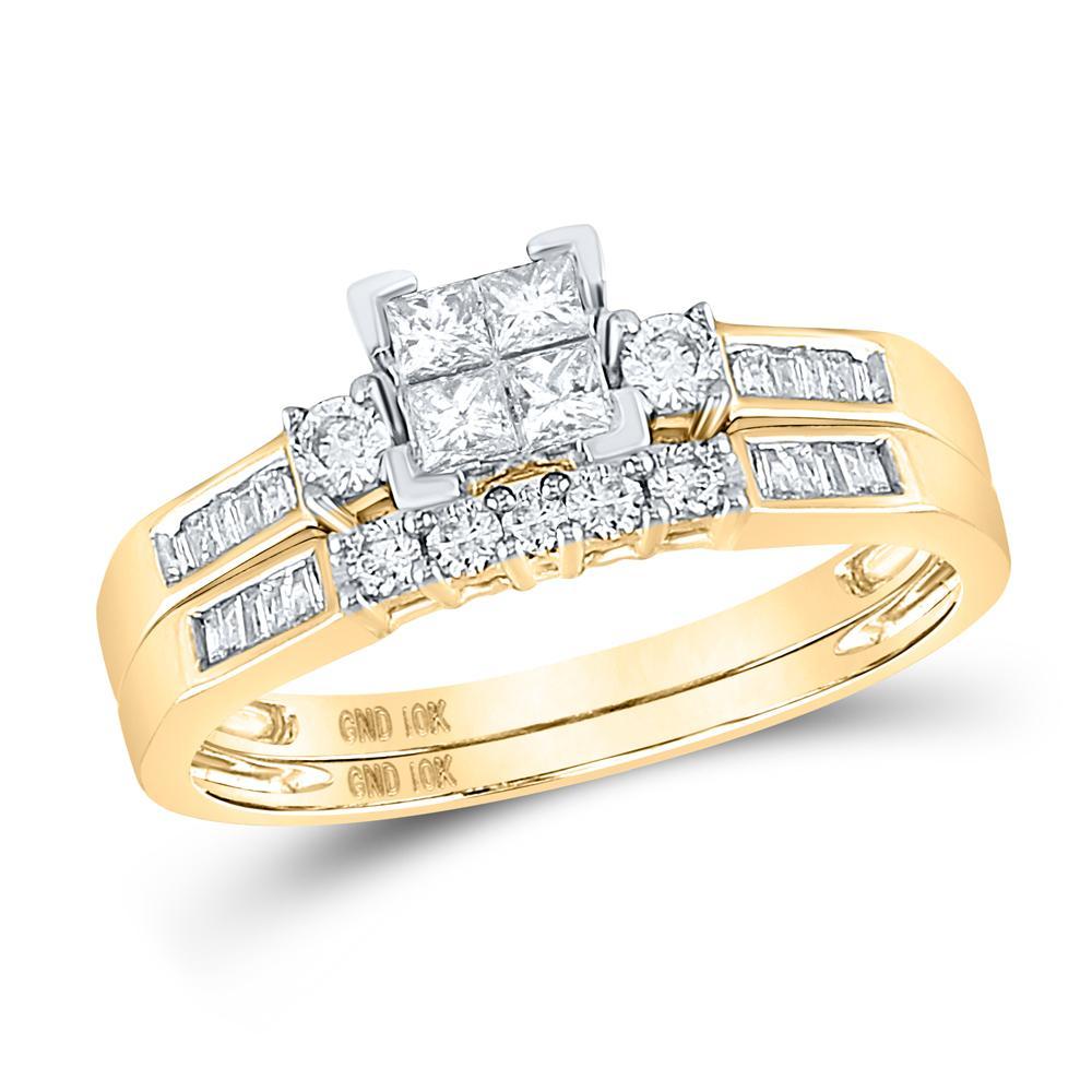 10kt Yellow Gold Princess Diamond Bridal Wedding Ring Band Set 1/2 Cttw