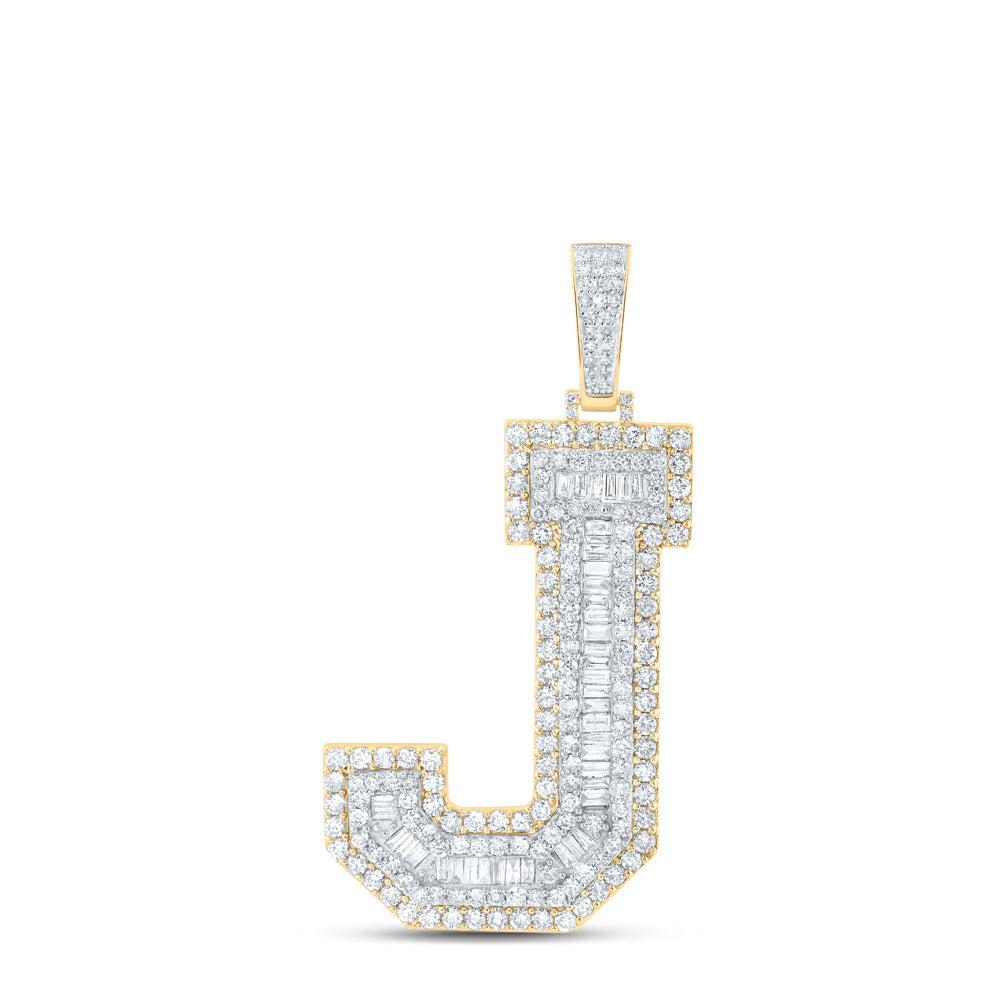 10kt Yellow Gold Mens Baguette Diamond J Initial Letter Charm Pendant 4-1/5 Cttw