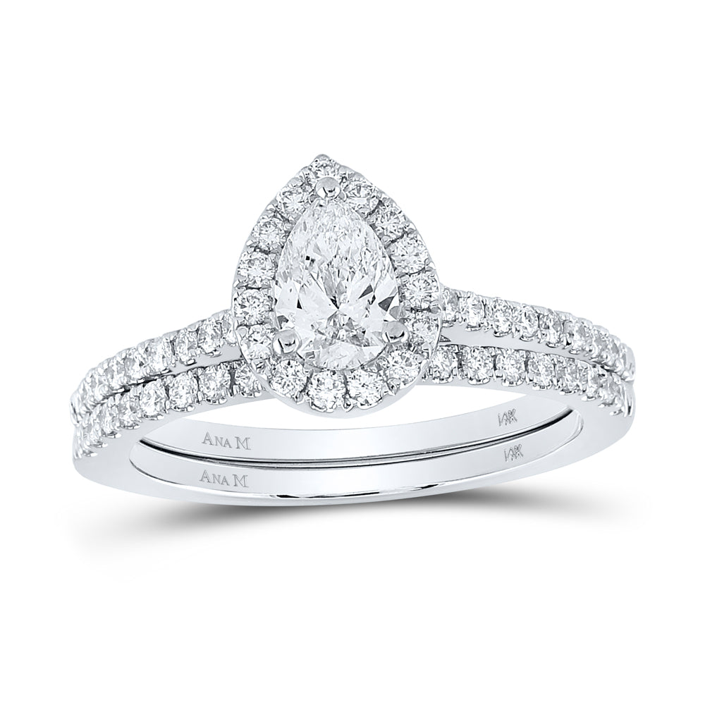 14kt White Gold Pear Diamond Halo Bridal Wedding Ring Band Set 1 Cttw