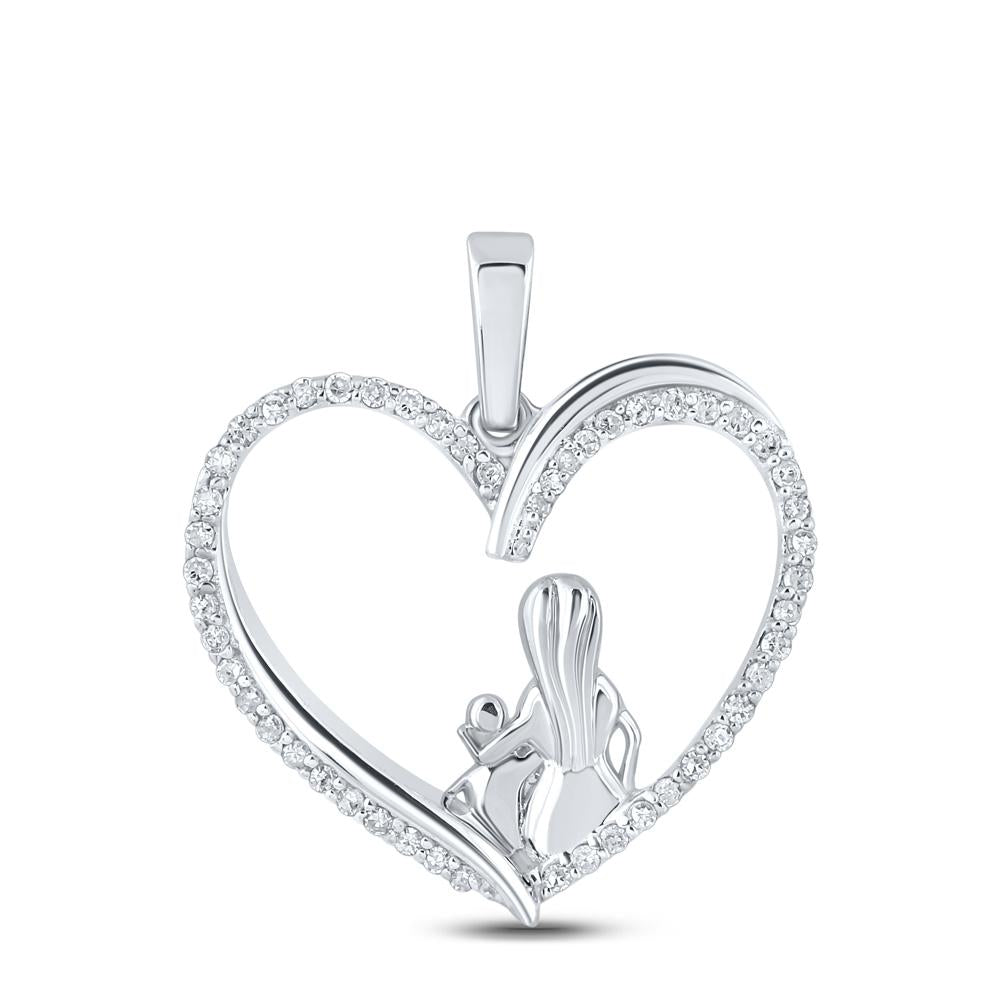 10kt White Gold Womens Round Diamond Heart Child Mom Pendant 1/5 Cttw