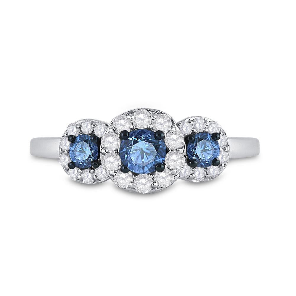 10kt White Gold Round Blue Color Enhanced Diamond 3-stone Bridal Wedding Ring 1 Cttw