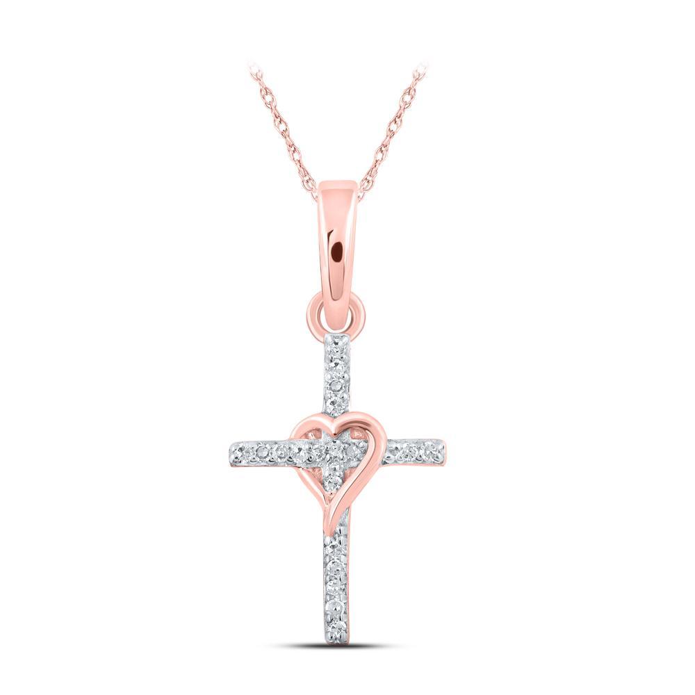 10kt Rose Gold Womens Round Diamond Heart Cross Pendant 1/20 Cttw