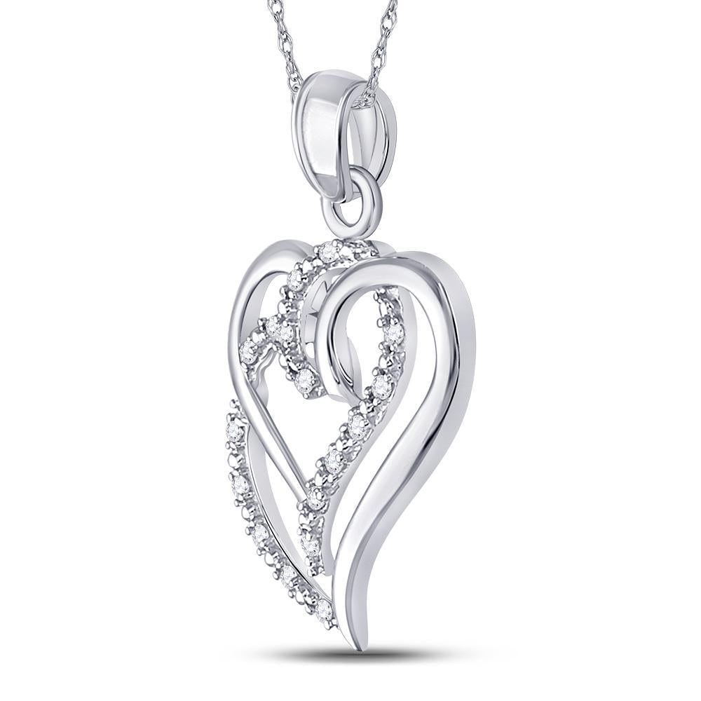 Sterling Silver Womens Round Diamond Double Heart Pendant 1/10 Cttw