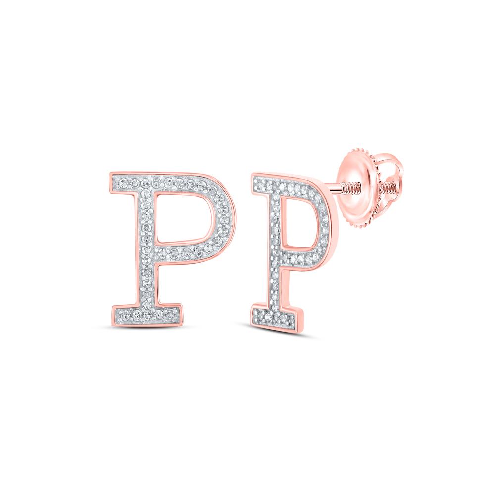 10kt Rose Gold Womens Round Diamond P Initial Letter Earrings 1/8 Cttw