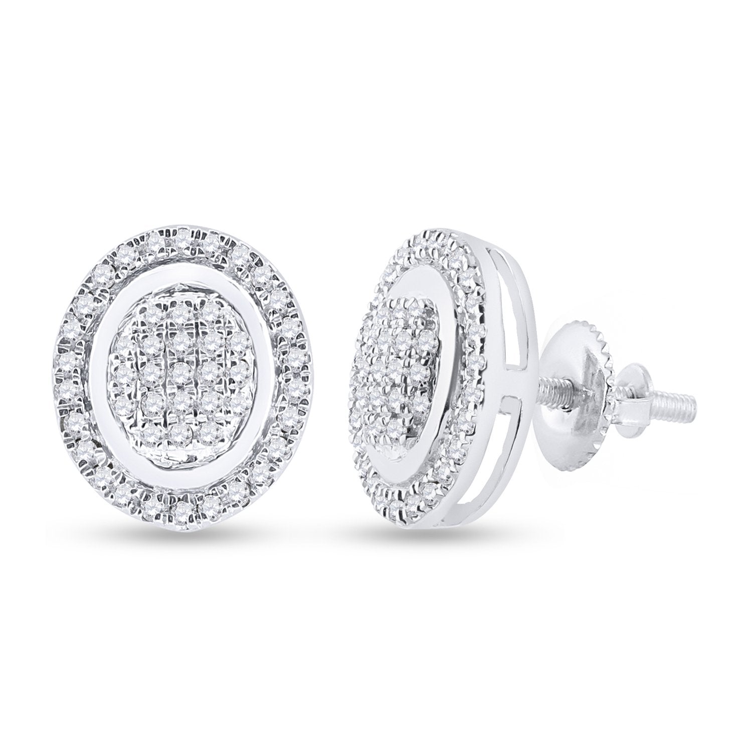 Sterling Silver Mens Round Diamond Oval Earrings 1/4 Cttw