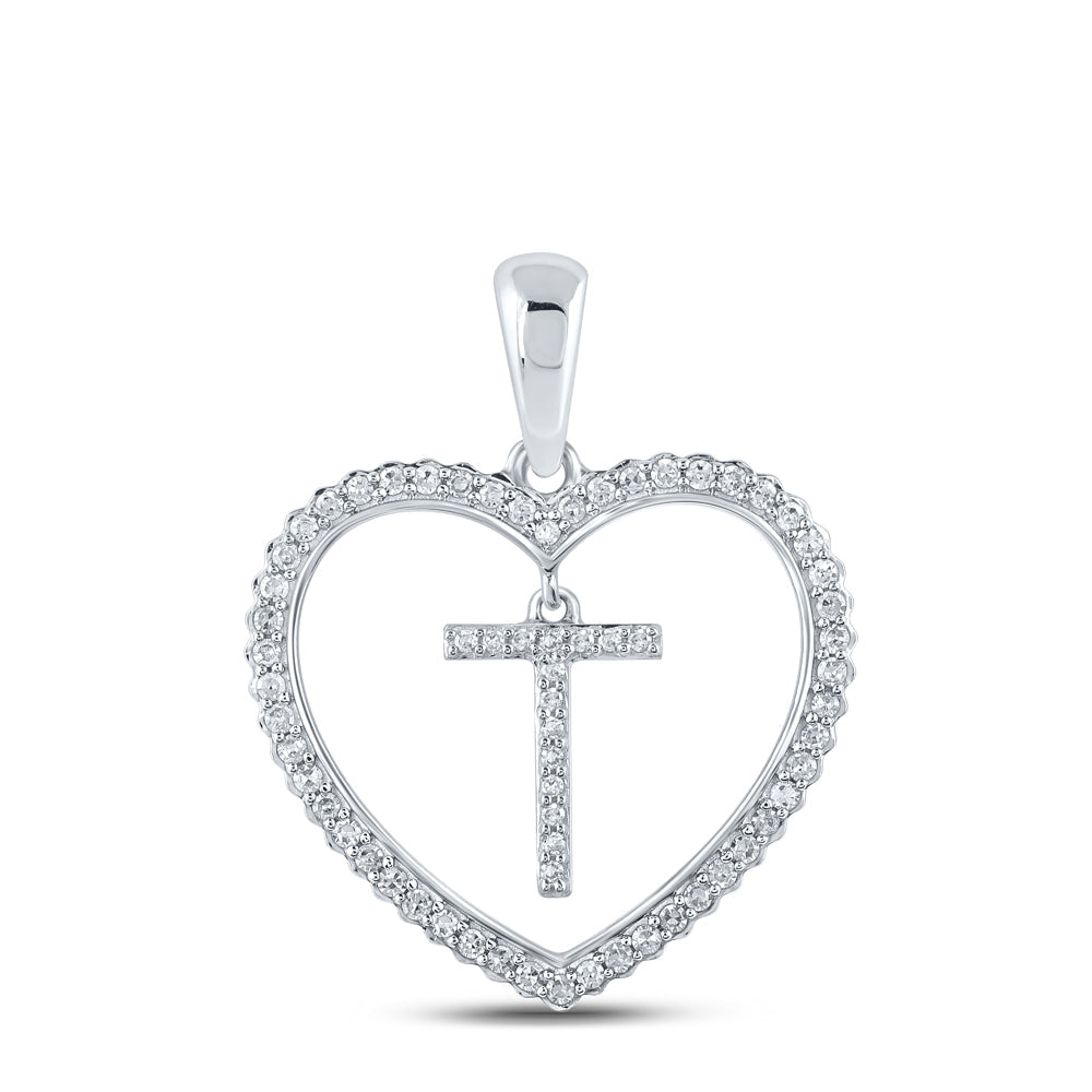 10kt White Gold Womens Round Diamond Heart T Letter Pendant 1/4 Cttw