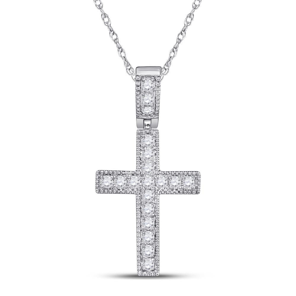 14kt White Gold Womens Round Diamond Milgrain Cross Pendant 1/5 Cttw