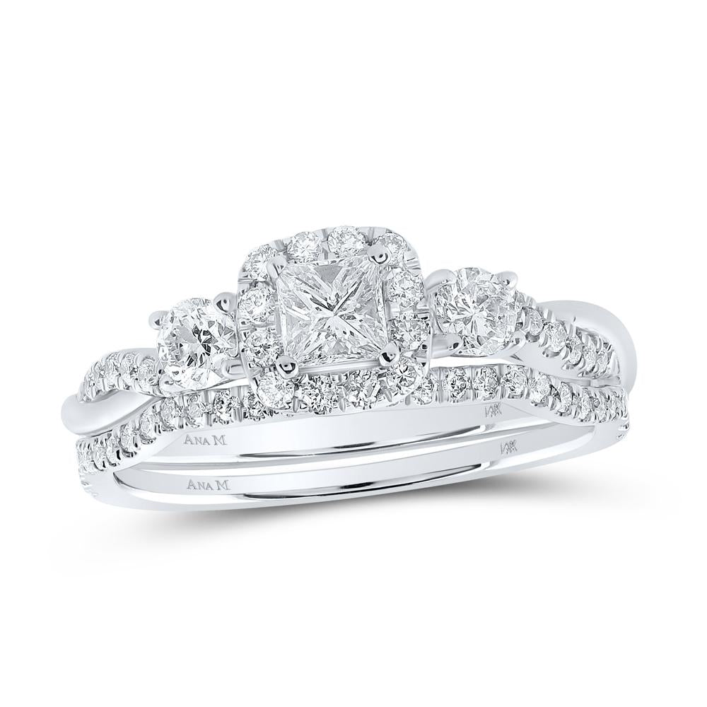 14kt White Gold Princess Diamond Halo Bridal Wedding Ring Band Set 3/4 Cttw